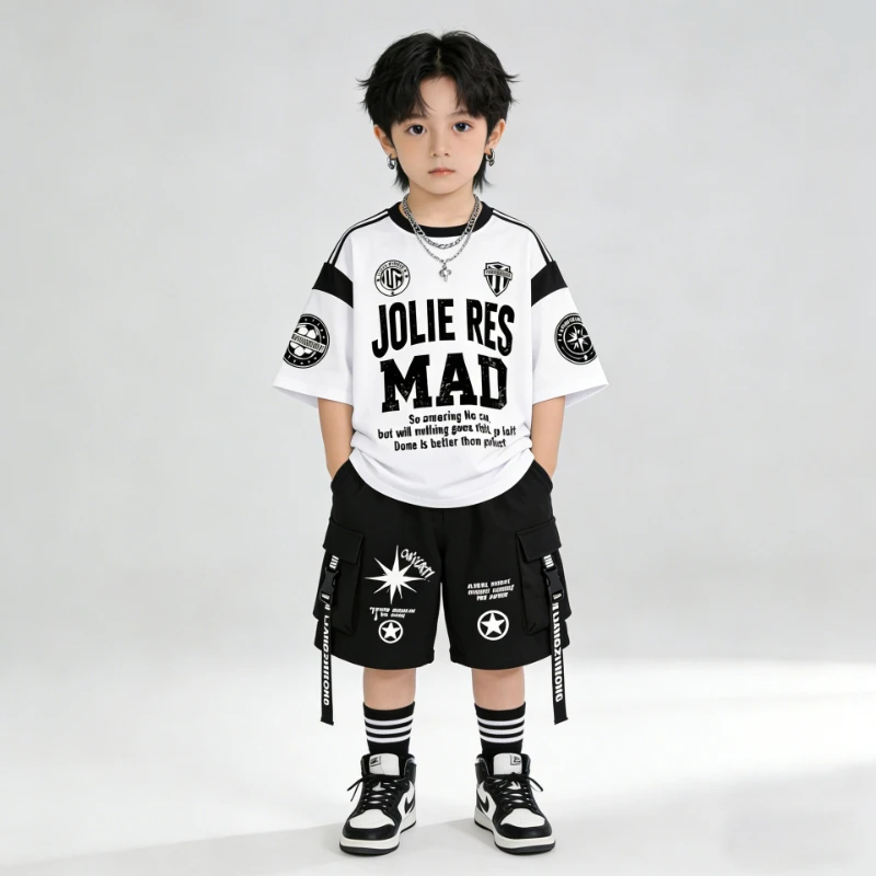 

Hip Hop Dance Costume Boys Street Dance Outfit White Letter Print T Shirt Black Shorts Rave Wear Concert Modern Dance Clothes
