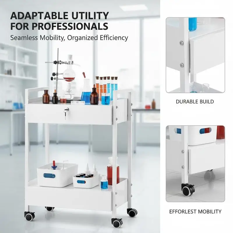 

Scientific Trolley 19.7"x15.7"x33.8" For Laboratory Clinic Salon, 2 Drawers 2 Shelves Double Layers Professional Grade Mobile Utility Stand 360 Degree Swivel Casters White Finish Alloy Steel Construction Storage Organizer Station