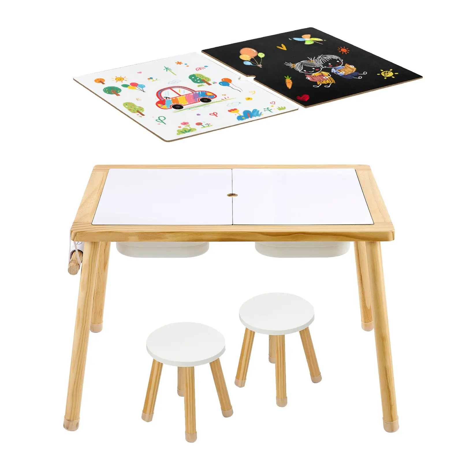 Sensory Table for Toddlers, Wooden Kids Activity Table with 2 Stools, Double-Sided Board, Storage Bins, and Non-Slip Feet, for
