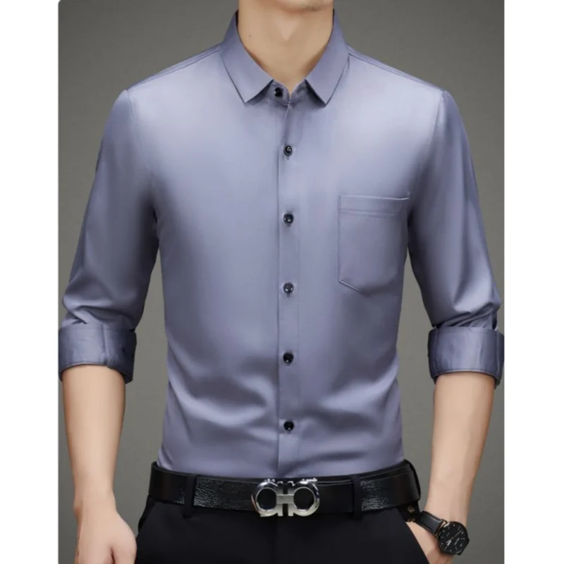 Camisa sem ferro para homens, camisa elástica, resistente a rugas, High End, 100% seda amoreira, bolso superior do peito, camisas de vestido luxuosas