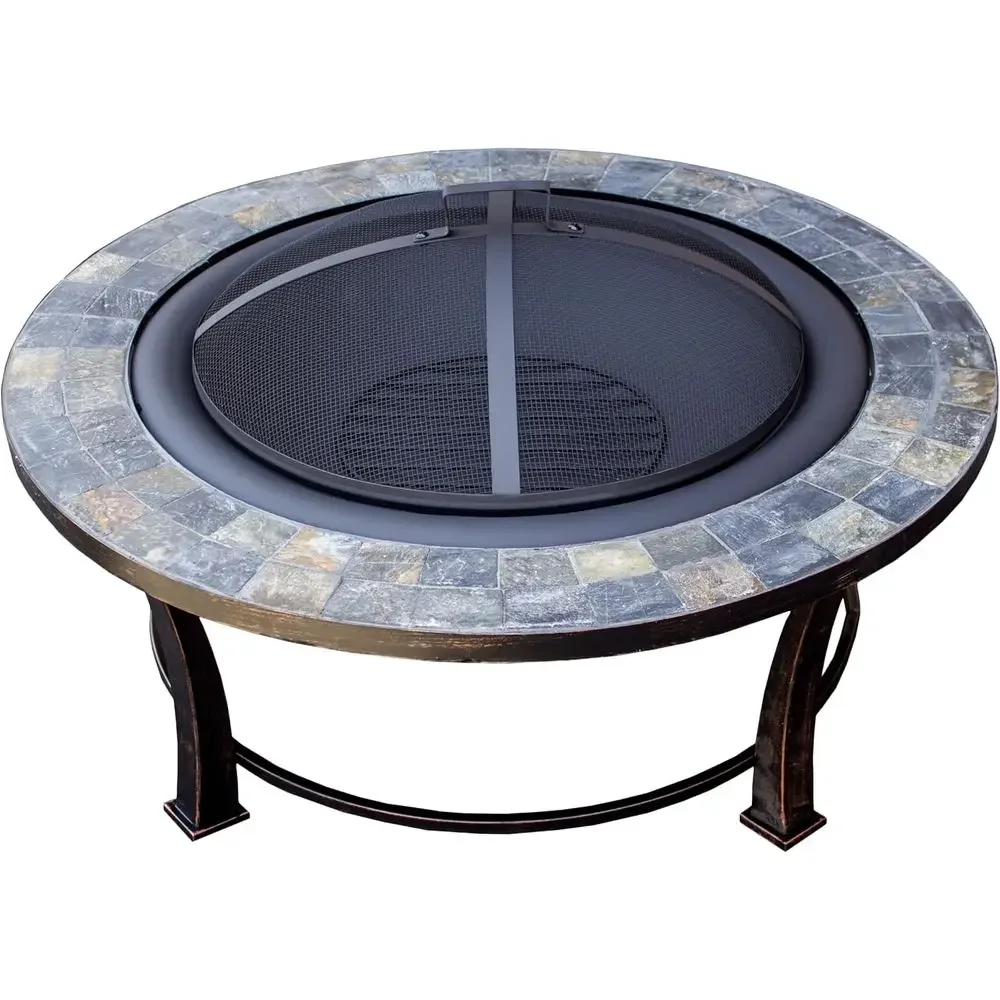 Medium Stone Outdoor Fire Pit with Wooden Grate and Dome Mesh Lid