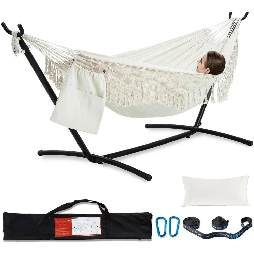 Handmade Tassel Hammocks, Double Hammock with Stand for Outside, Max 450 lbs Capacity, Tree straps  Carabiners & Pillow