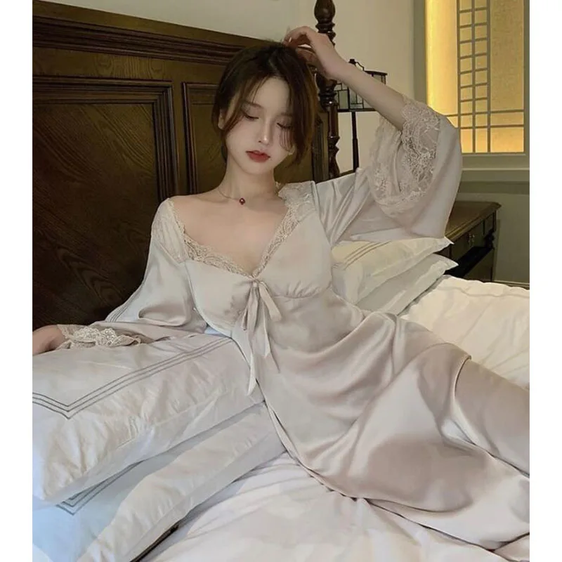 French Style Retro Nightgowns Sleeping Dress Sexy VNeck Lace Bow Tie Princess Long Sleepwear Fairy Sweet Women Elegant Nightwear