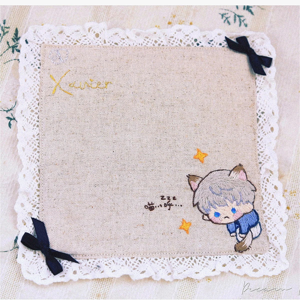 

Anime Love and Deepspace Xavier Cosplay Doily Mascot Handmade Stitchwork Coaster Embroidery Tea-cup Cushion Desktop Ornament