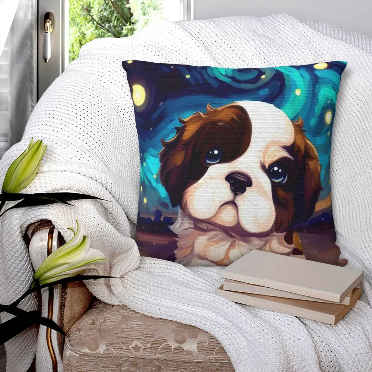 Cute Starry Sky Puppy Square Pillowcase Cushion Cover Pillow Case Throw Pillow Cover for Home Sofa Living Room