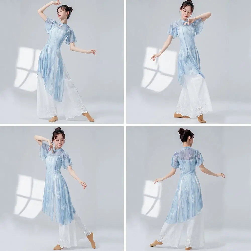 

Fashion Cheongsam Neck Classical Dance Top Split Hem Long Gauze Mesh Shirt Butterfly Net Yarn Hanfu Blouse Women