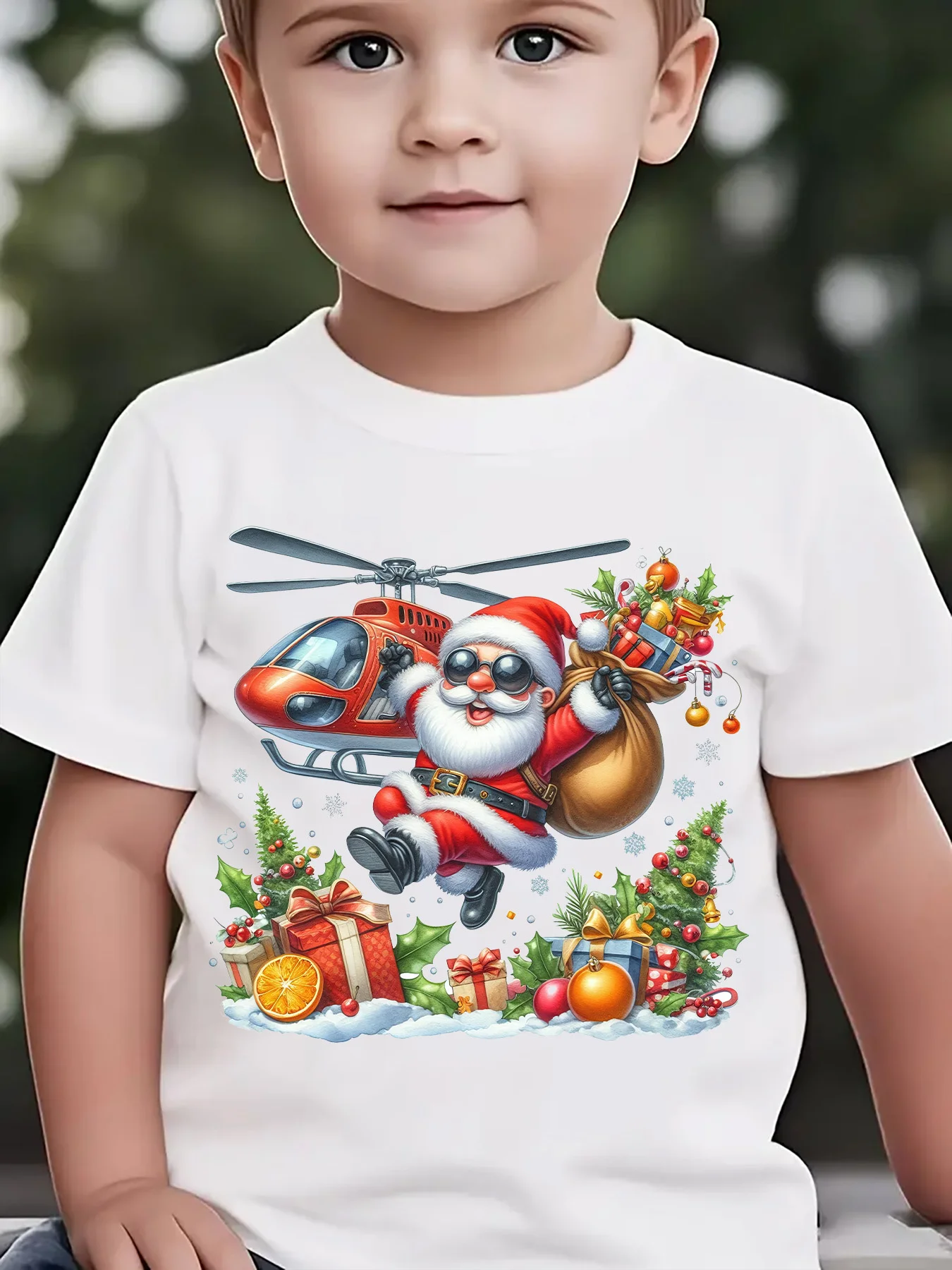 Kids Boys Girls Family Matching T Shirt Santa Helicopter Christmas Gift Box Tree Graphic Print Short Sleeve Crew Neck Tee Tops