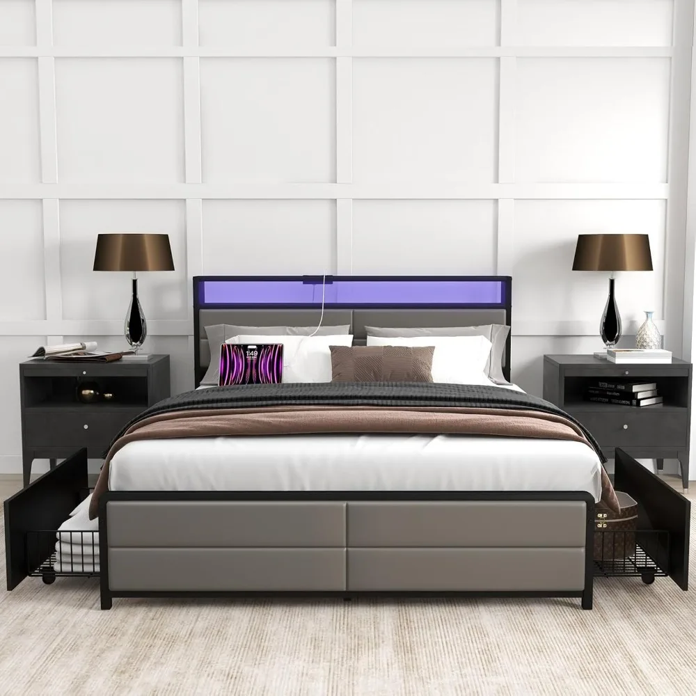 Quadro de cama com 4 gavetas de armazenamento e porta USB, Plataforma Cama Frame com Luzes, Forte Suporte Slats Metal, Sem Box Spring