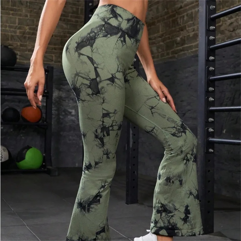 Women Tie Dye Flared Pants Knit Seamless Leggings High Waist Butt Lift Fitness Pants Gym Yoga Cycling Slim Fashion Flared Pants