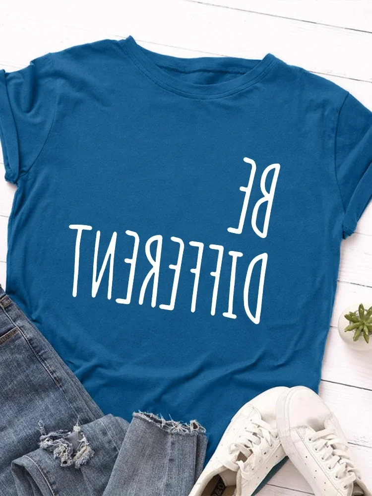 Be Different Upside Down Letter Print T Shirt Women Short Sleeve O Neck Loose Tshirt Women Causal Tee Shirt Tops Camisetas Mujer