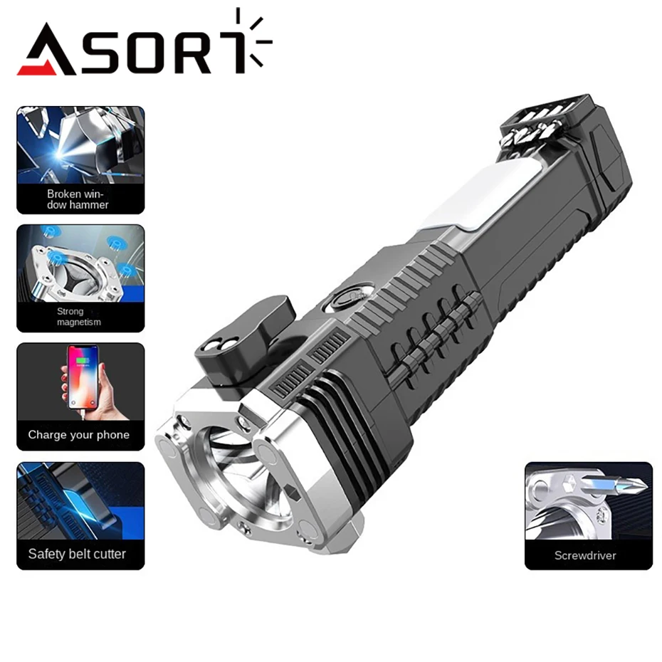 Multifunctional Flashlight Charging Work Light With Safety Hammer Emergency Car Fire Self-rescue Breaking Window Self-defense