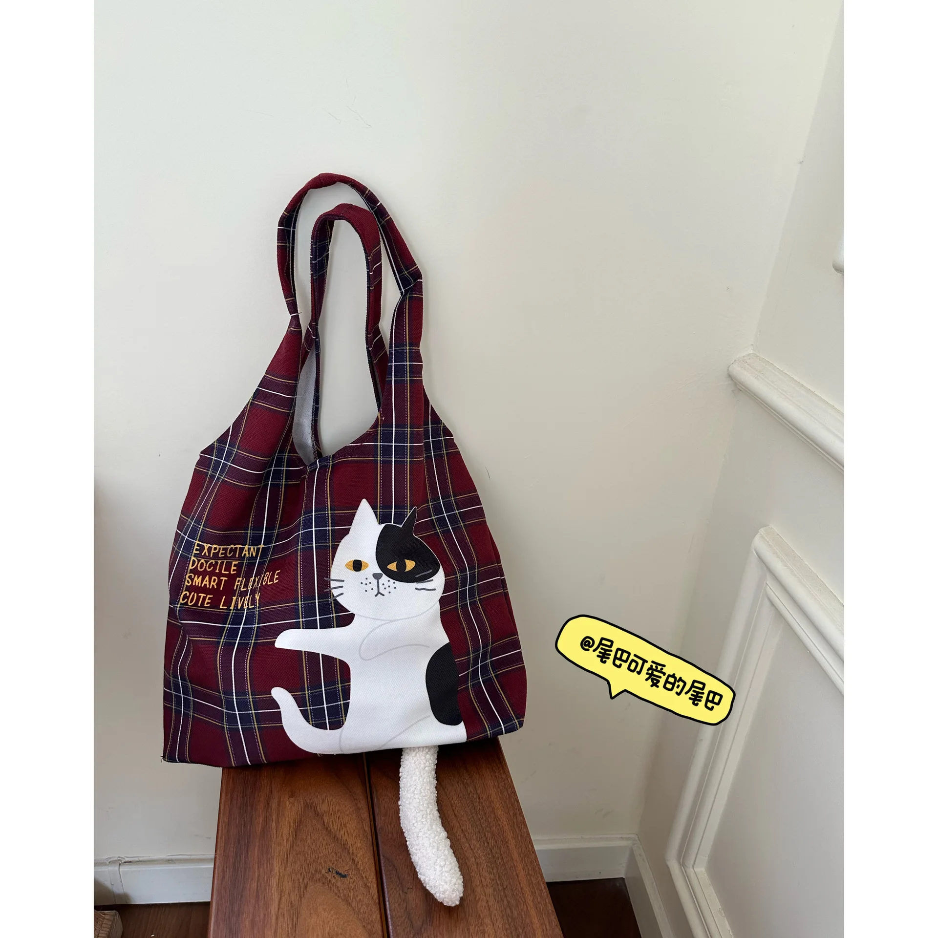 Scottish Plaid Flocking Cat Printed Fabric Bag Tote Shopping Bag Vintage Illustration Large Capacity Shoulder Bag