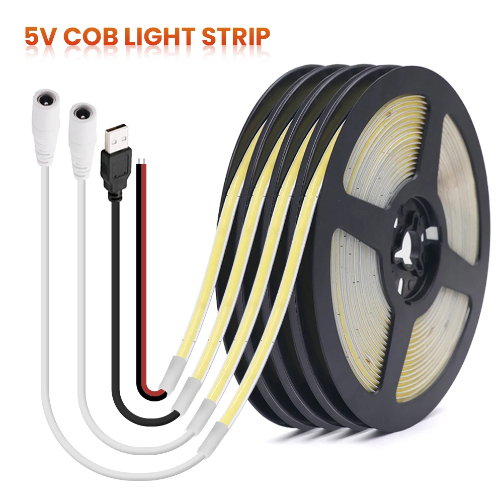 Flexível COB LED Light Strip com High Density Linear Lighting, USB Light, 320LEDs, 3mm, 5mm, 8mm de largura, 12V, 320LEDs