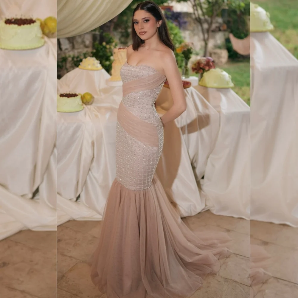 

Customized Modern Style Chiffon Sequined Pleat Trumpet Strapless Long Dresses Bespoke Occasion Elegant