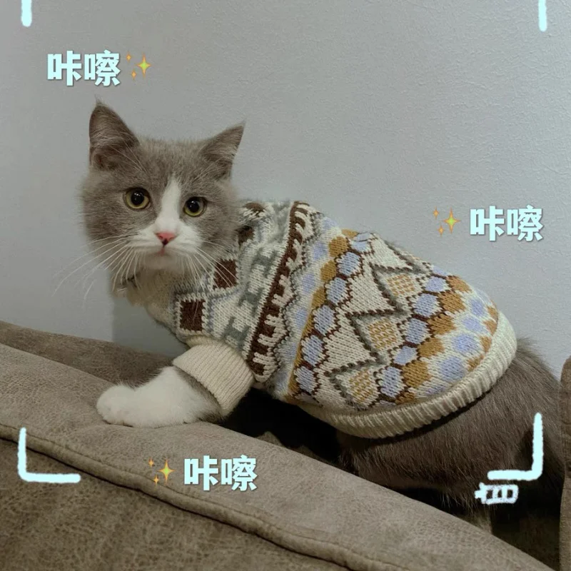 Autumn and winter retro British style diamond grid pet dog sweater winter warmth ins cute cat clothes winter clothes