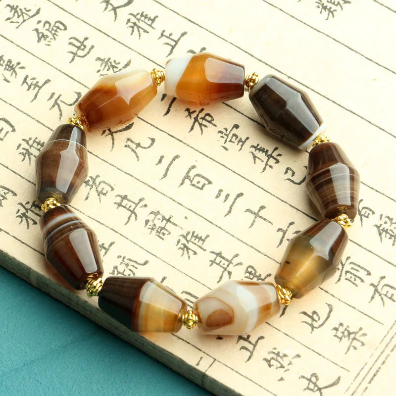 Brazilian , , Large Men's Bracelet, Coffee-Colored with Sharp Edges and White Silk Agate