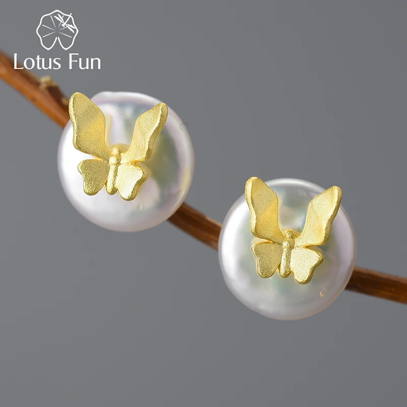 Lotus Fun Unusual Vintage Natural Baroque Pearl 18K Gold Butterfly Stud Earrings for Women Real 925 Sterling Silver Fine Jewelry