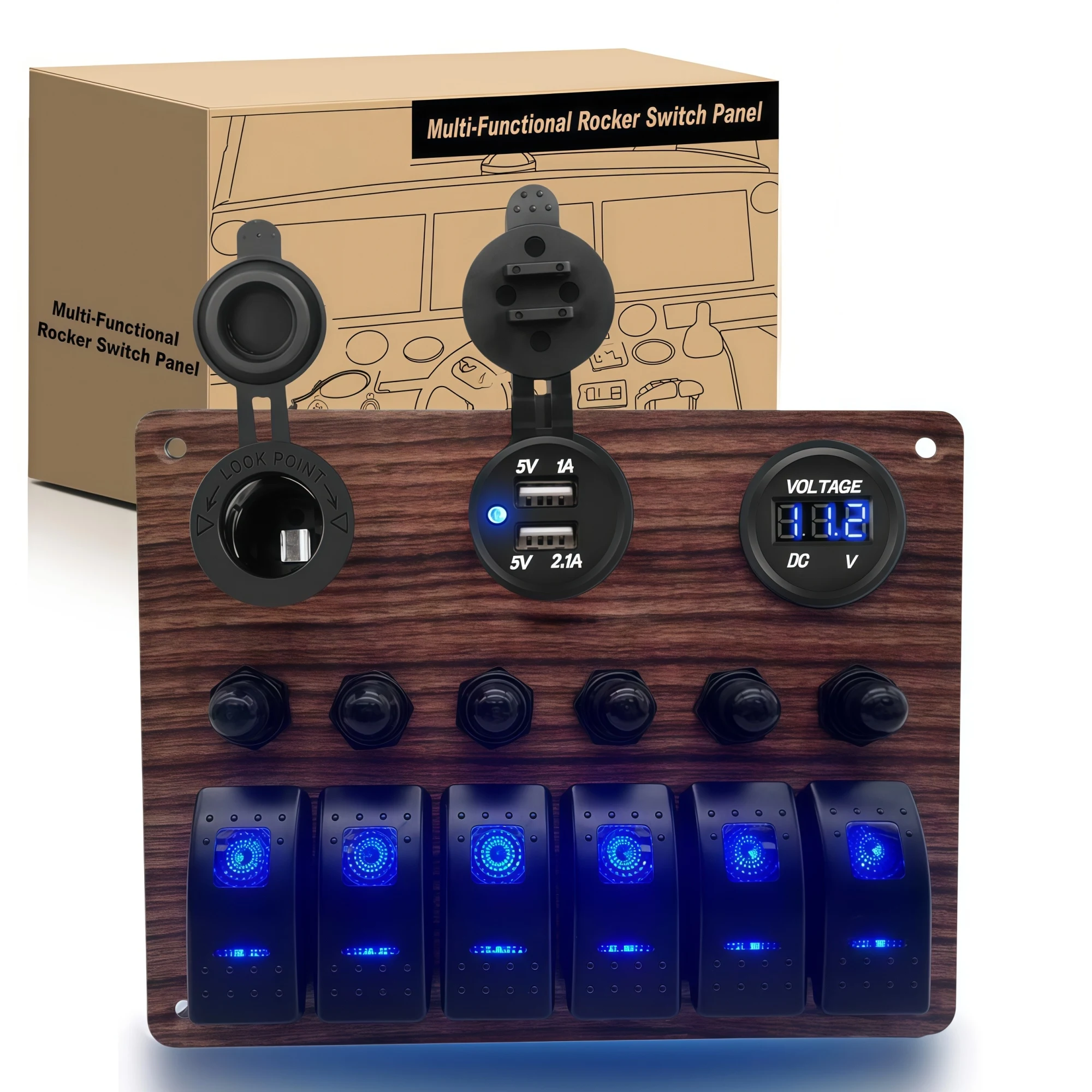 6 Gang Marine Rocker Switch USB Panel With Breaker Digital Voltmeter Dual USB Charger Cigarette Lighter Socket For RV Truck Boat