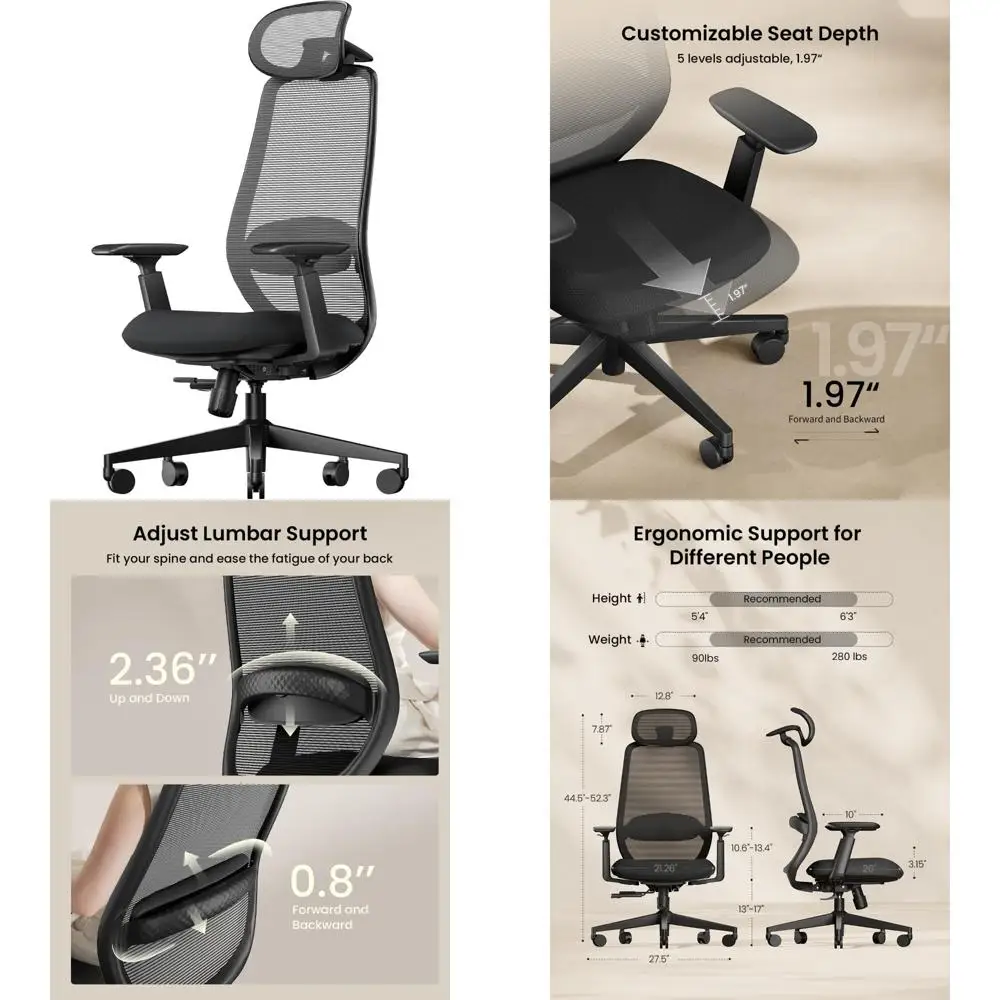 Ergonomic High-Back Mesh Office Chair EC200: Computer Chair with Adjustable Lumbar Support, 3D Headrest, and Sliding Seat Featur