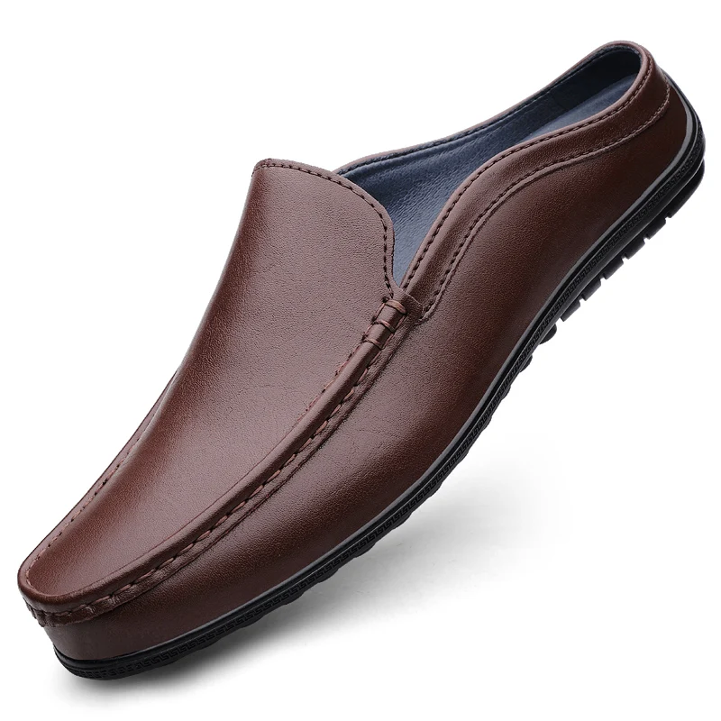 Men's Leather Mule Loafers, Backless Slip-On Casual Driving Shoes, Comfortable Half Slippers for Men, Black/Brown