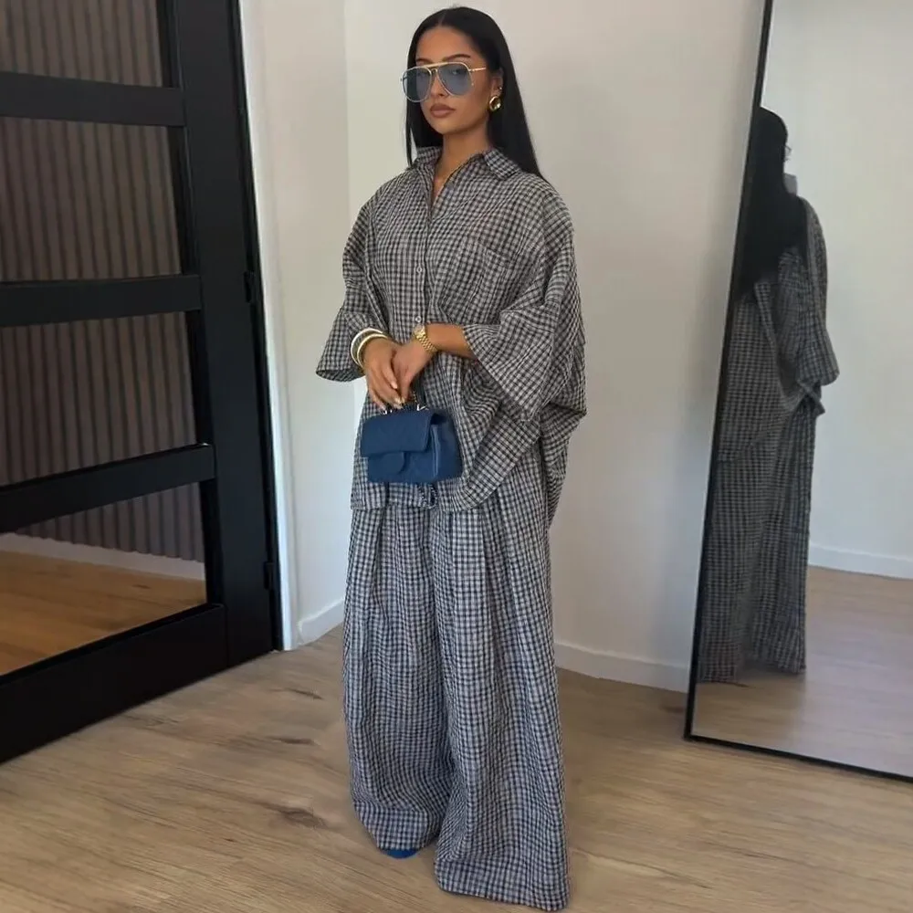 Stripe Plaid Shirt Pants Two-piece Set High Neck Single Button Cape Coat&Wide Leg Pants Two-Piece Set Autumn Fashion Casual Sets