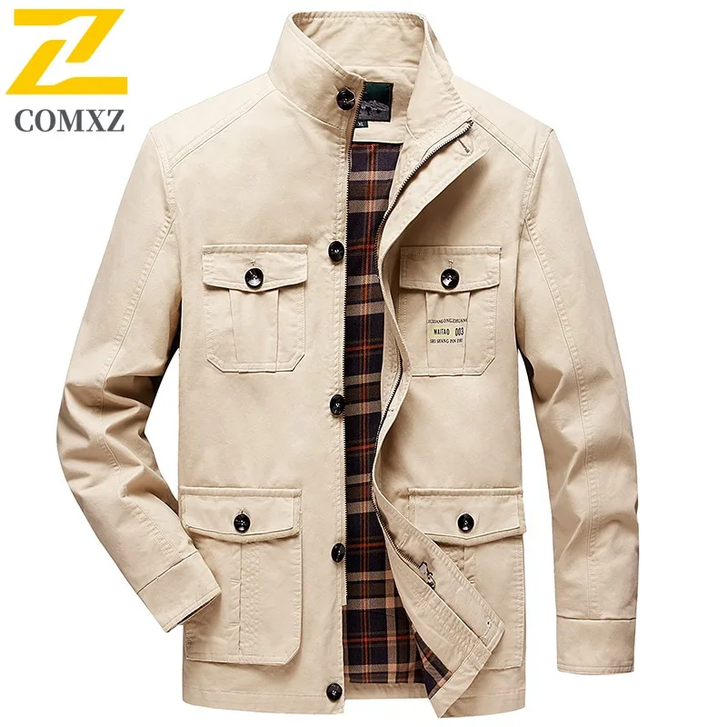 COMXZ Men Windbreaker 2025 New Stand Collar High Quality Outdoor Camping Techwear Tooling Jacket  Autumn Jacket with No Hood
