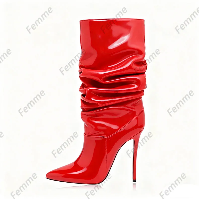 أحذية مترهلة مصنوعة يدويًا من الجلد اللامع باللون الوردي الساخن - أحذية كاحل مكشكشة بكعب ستيليتو للنساء، مقاس حفلة Y2K 35-47 #2