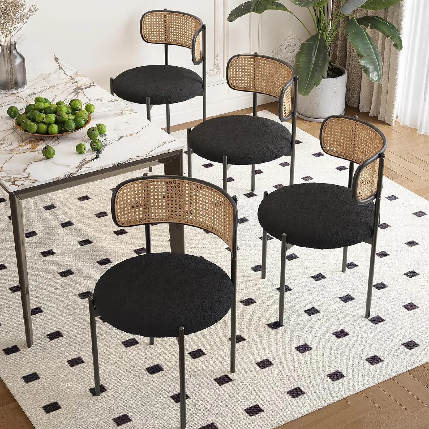 Kitchen Chairs Set of 4, Mid-Century Modern Dining Chairs,Rattan Backrest Round Upholstered Sherpa Dining Chairs,Black