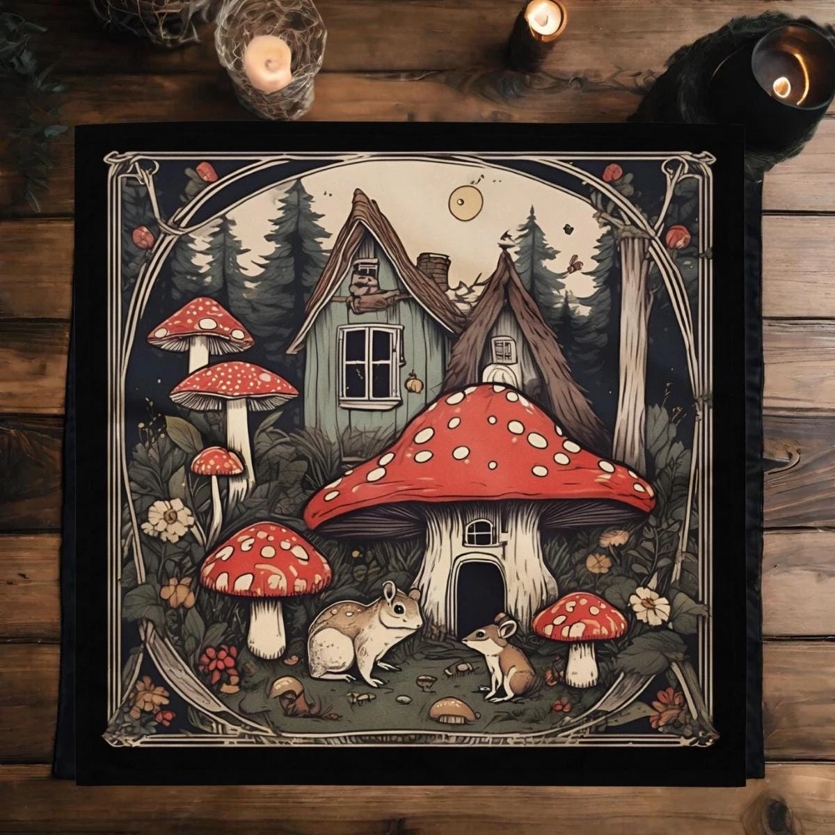 Fairycore Mushroom Tarot Cloth, Cottagecore Altar Mat, Forest Witch Decorations