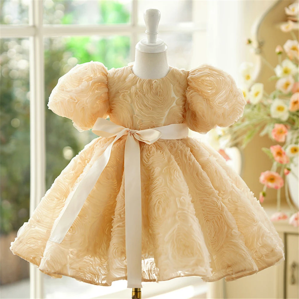 

Elegant Puff Sleeves Puffy Flower Girl Dress Knee Length Glitter Wedding Party Dresses Bow Toddler Baby Birthday Pageant Tutu