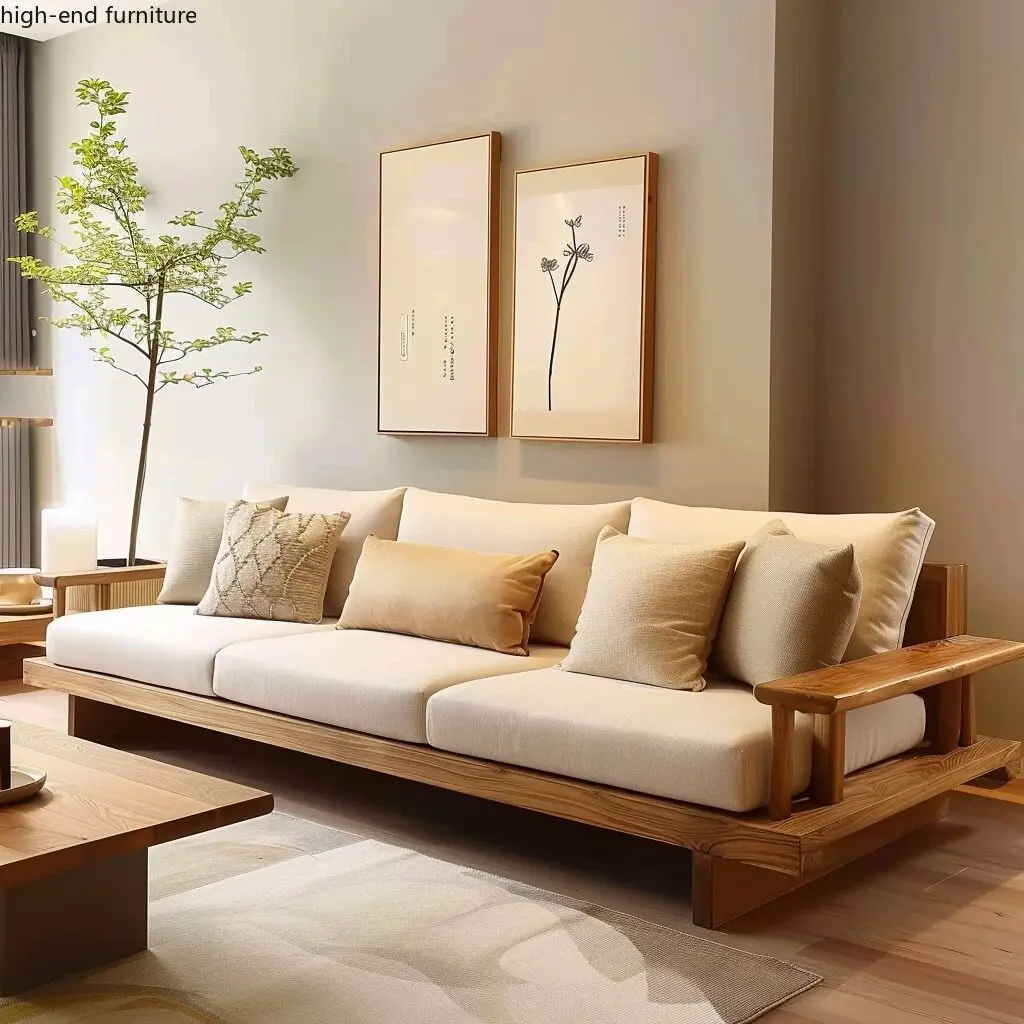 Solid wood sofa living room log wind B & B hotel furniture three people straight row sofa ash wood