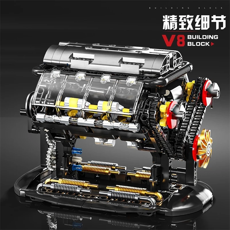 Mini V8 Engine Model Building Blocks Assembly Desktop Home Office Realistic Display For Boys Teens Birthday Christmas Gift