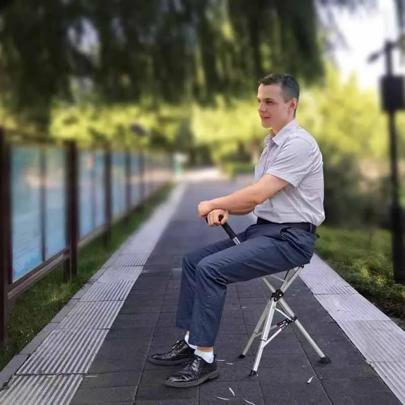 2in1 Walking Stick with Seat Folding Cane Stool Walking Cane Chair for Elderly Portable Mobility Aid with One-Button Open/Close
