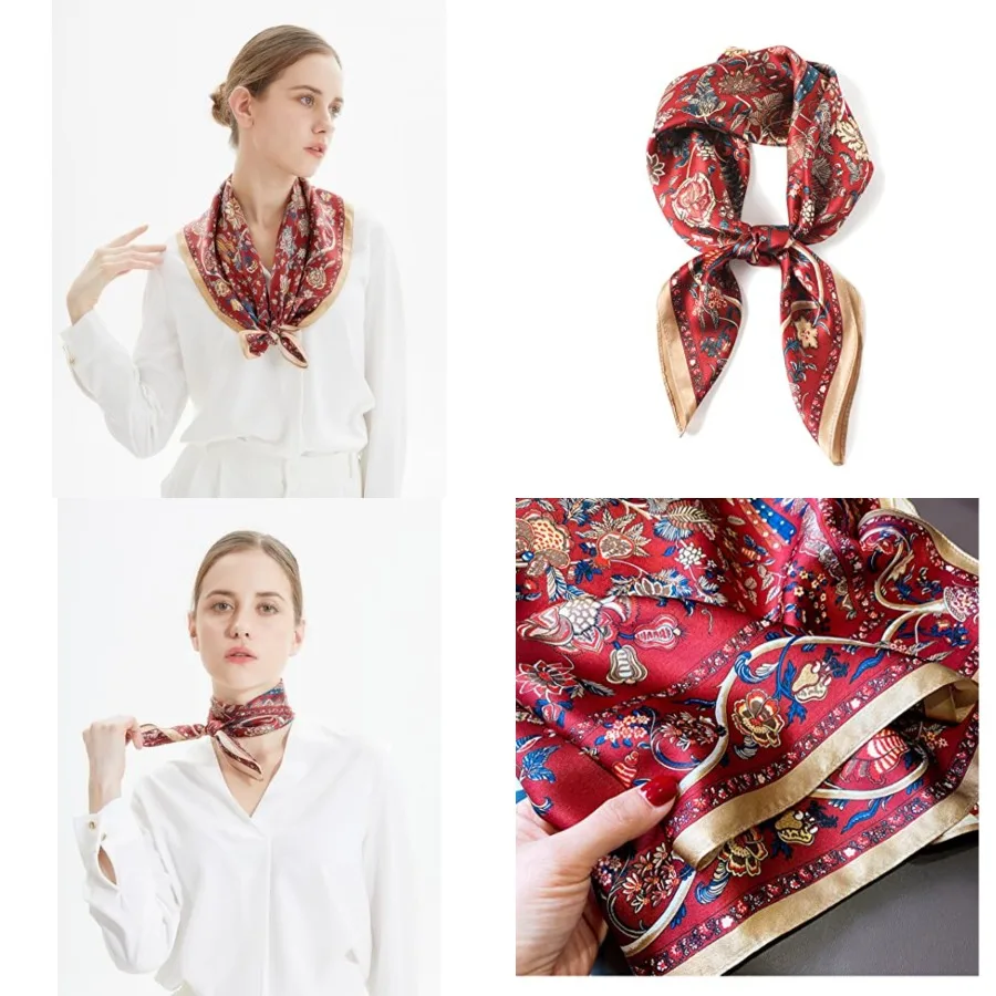 

100% Pure Mulberry Silk Scarf 26"'x26(in) Square Scarf Head Scarf Neck scarf Headscarf for Women with Gift Packed, Red Classic Flower