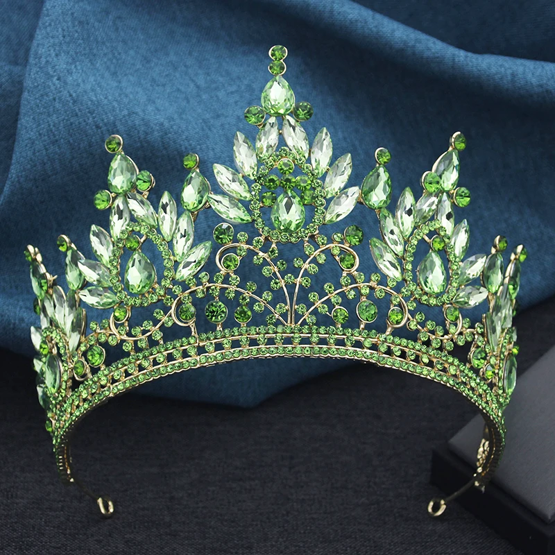 Luxury High Royal Queen Wedding Crown for Women Large Lime Green Crystal Banquet Tiaras Party Costume Hair Jewelry Accessories