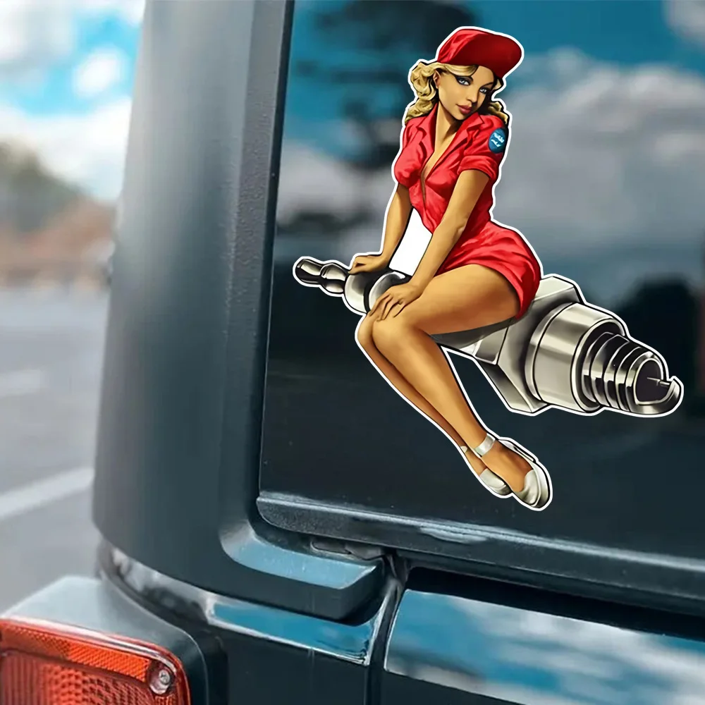 11x14cm, Woman and Spark Plug Waterproof Vinyl Car Decals for Windows, Bumper, Exterior Decorative Accessories