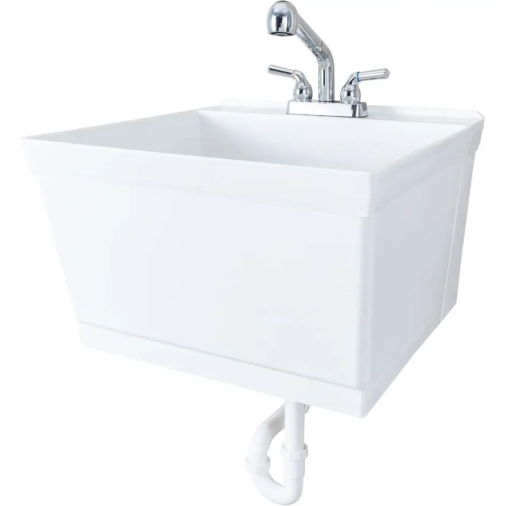 

Wall-Mounted Utility Sink with Pullout Faucet for Laundry, Garage, or Workshop