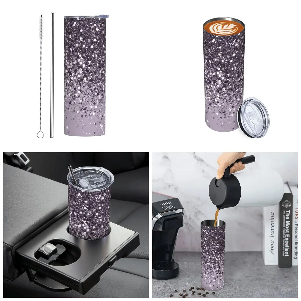 Sparkling Lavender Lady Glitter Stainless Steel Tumbler Vacuum Insulated Mugs Thermal Cold Cup Straw With Lid 20oz