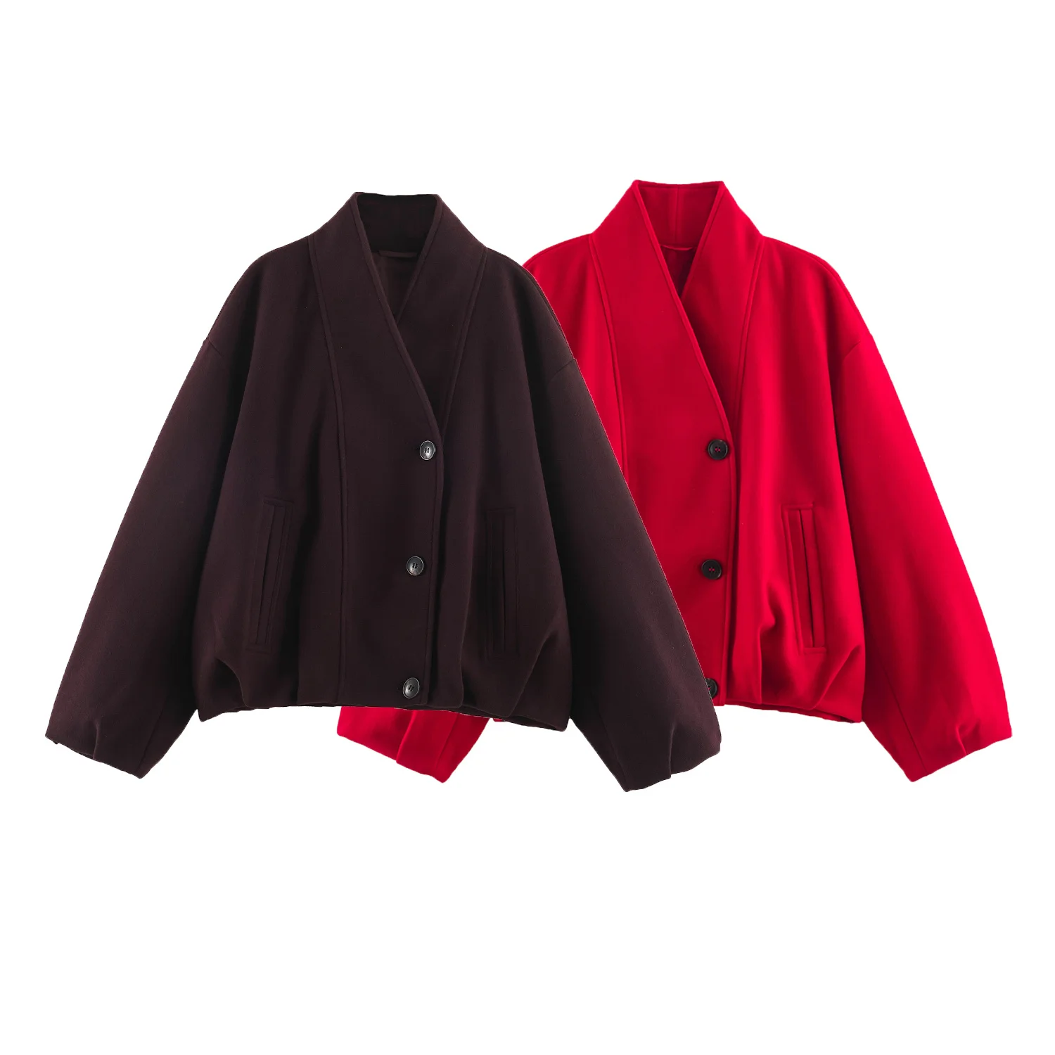 Women V Neck Wrap Short Woolen Coat Single Breasted Batwing Sleeve Loose Cropped Jacket Autumn Winter Casual Outerwear
