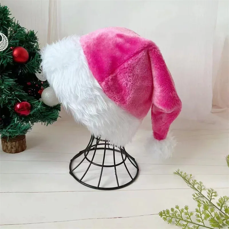 Gorro de Papá Noel de felpa rosa para Navidad, unisex para adultos y niños, accesorio de fiesta de Navidad rojo/negro, decoración festiva navideña de Año Nuevo 2025