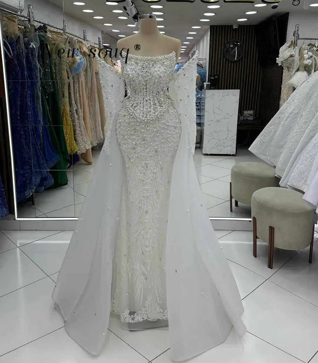 

Dubai Ivory Pearls Beaded Strapless Mermaid Evening Dresses with Detachable Train Customized Elegant Engagement Party Gowns