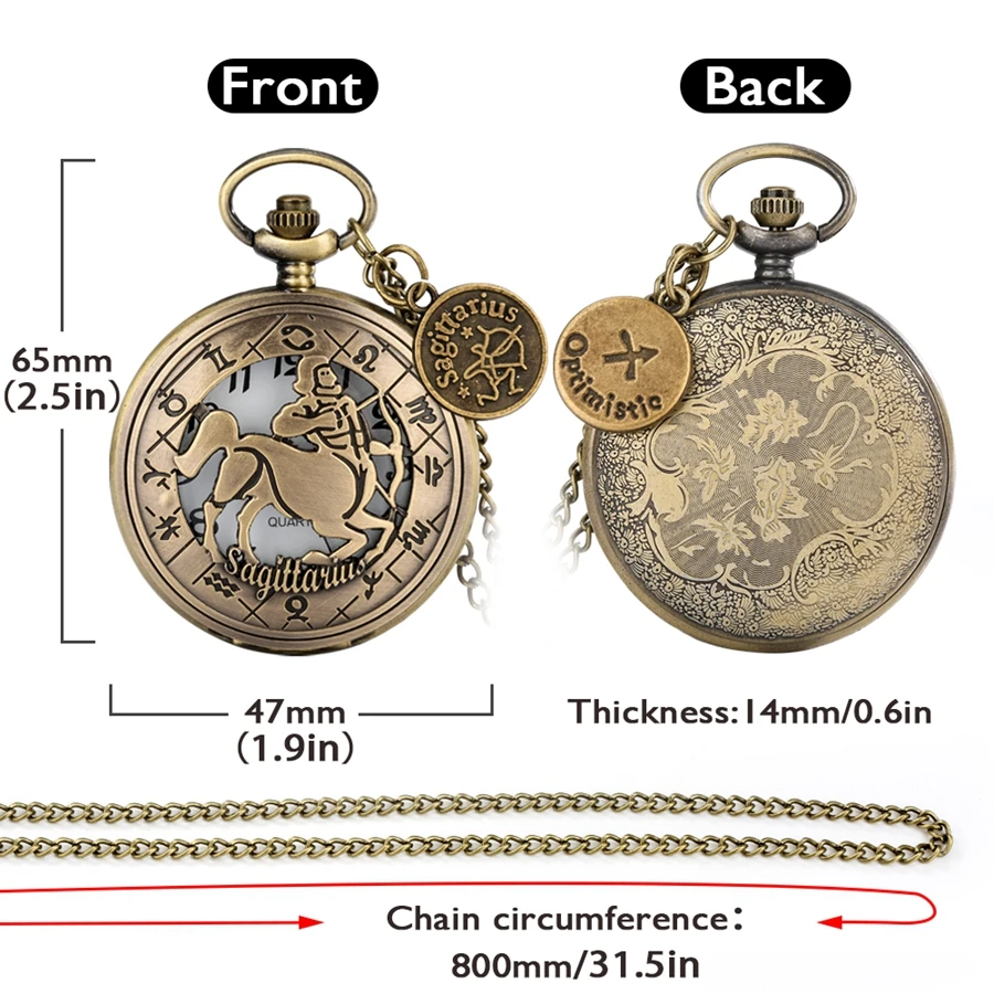 Jam Tangan Perhiasan Sagitarius Retro Perunggu Jam Saku Kuarsa Kalung Liontin Hadiah Ulang Tahun Jam dengan Aksesori Sagitarius