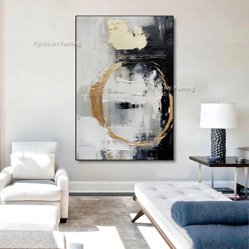 

Abstract Black And WHite Canvas Wall Art Handmade Golden White set Of Three Oil Painting New Design For Living Room Decor