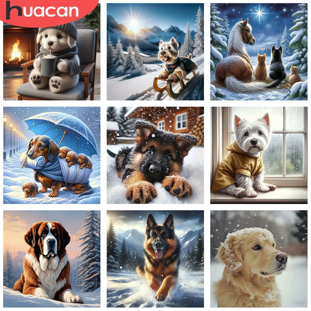 HUACAN Komplette Kits Diamant Mosaik Hund Kreuzstich Tier Diamant Malerei Kits Winter Schnee Wohnzimmer Wanddekoration