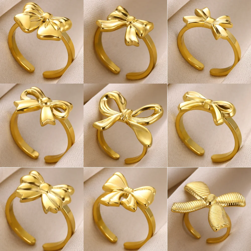 Anillos de pajarita de color dorado para mujer, joyería de dedo de apertura de moda de acero inoxidable, bisutería estética linda, regalo de boda