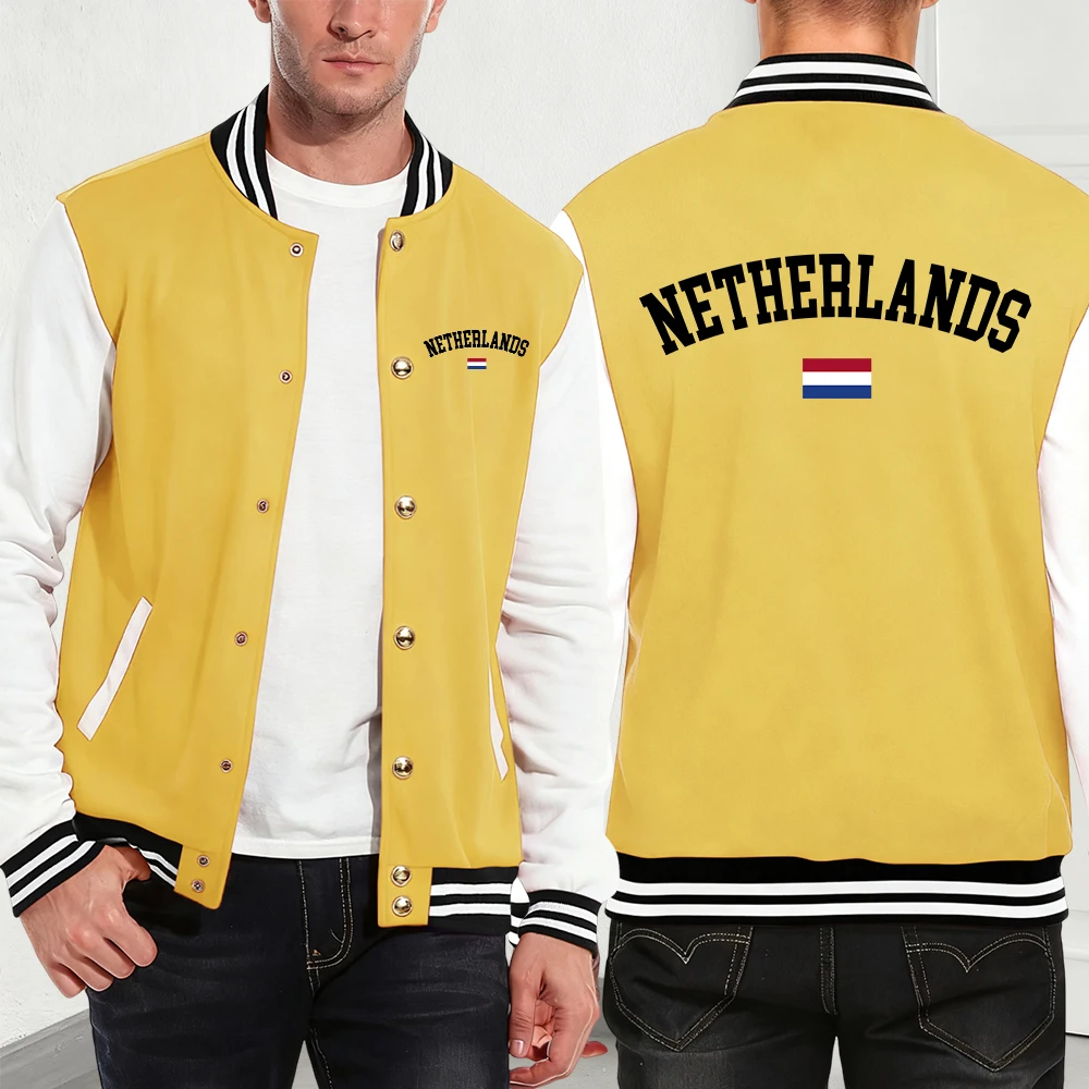

Netherlands Flag Printing Men'S Jackets Cotton Basics Pocket Baseball Jersey Winter Fleece Warm Coats Sporty Men Streetwears