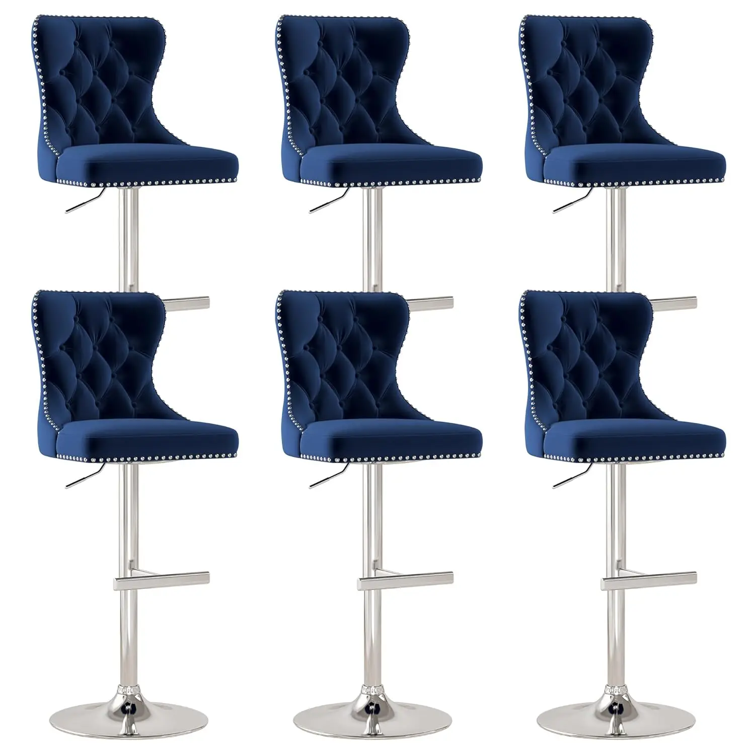 

Bar Stools Set Of 6, Velvet Swivel Counter Height Stools With Tufted Back, Adjustable Seat With Nailheads Trim,, Customized