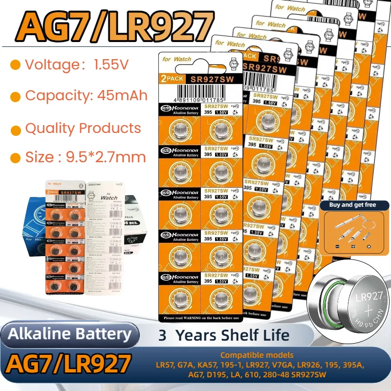 

High Capacity AG7/395 1.55V 45mAh Alkaline Button Batteries LR927 LR57 SR927W GR927 395A Coin Cell Battery For Watch Toys Remote