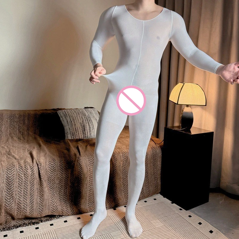 Erkekler için Fetiş Yumuşak Gecelik Seksi Şeffaf Bodystocking Siyah Beyaz erkek iç çamaşırı Beyefendi Uzun Kollu Tulum