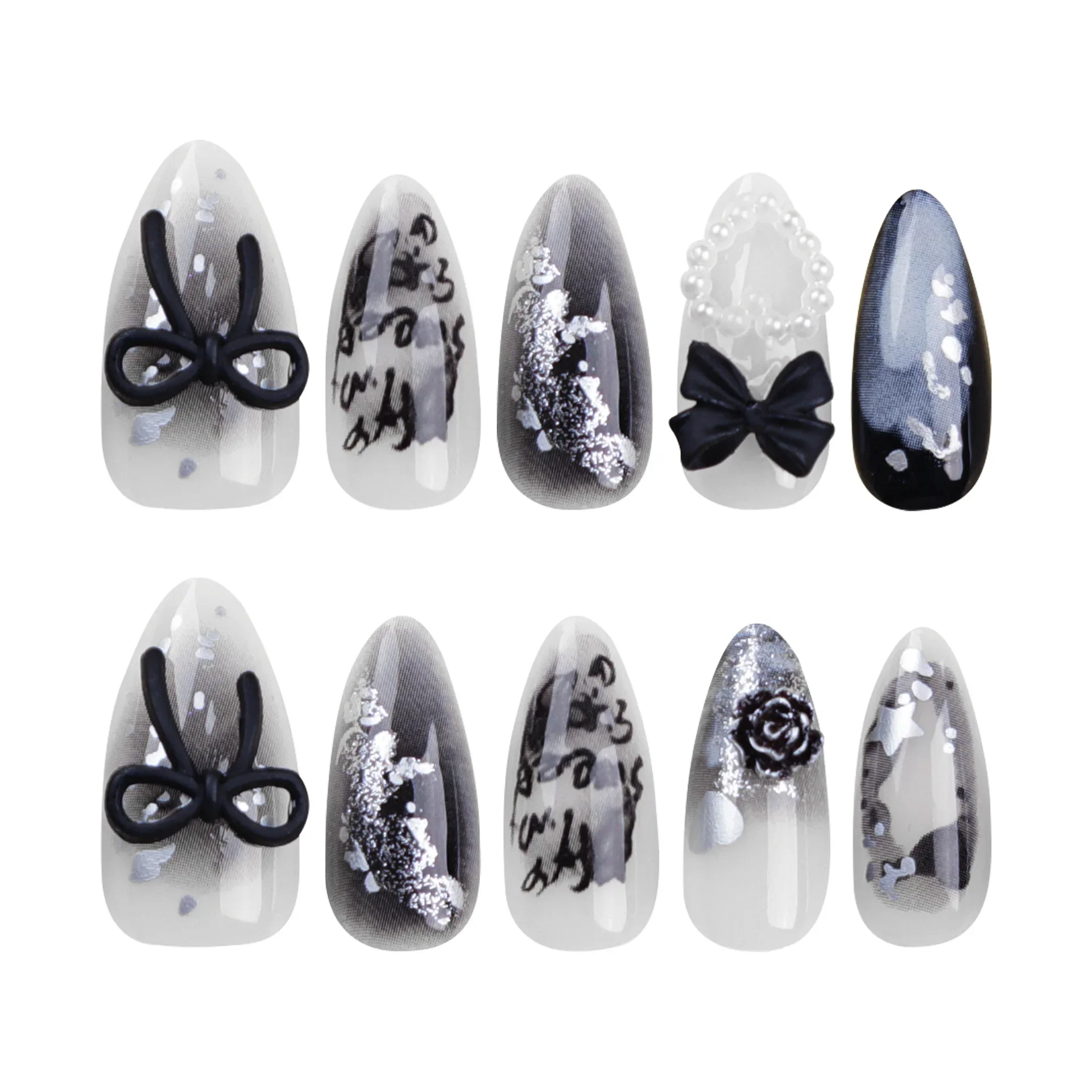 24Pcs Elegant Black Almond Press-On Nail With Pearl Heart&Bow Accents-Glossy Finish Short Length Removable False Nails For Women